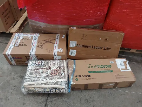 PALLET OF ASSORTED ITEMS INCLUDING: CHEST OF DRAWERS, TRAINING BENCH, ALUMINIUM LADDER 2.6M, LARGE RUG