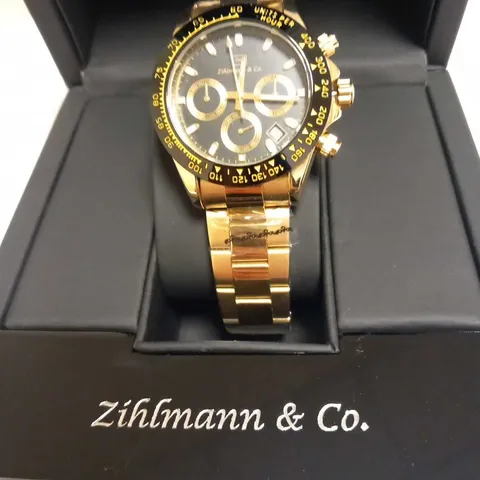 MENS ZIHLMANN & Co Z400 WATCH – CHRONOGRAPH MOVEMENT – GOLD COLOUR STAINLESS STEEL STRAP – BLACK DIAL – 3ATM WATER RESISTANT 