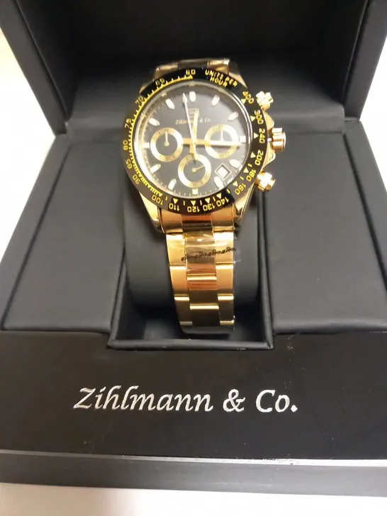 MENS ZIHLMANN & Co Z400 WATCH – CHRONOGRAPH MOVEMENT – GOLD COLOUR STAINLESS STEEL STRAP – BLACK DIAL – 3ATM WATER RESISTANT 