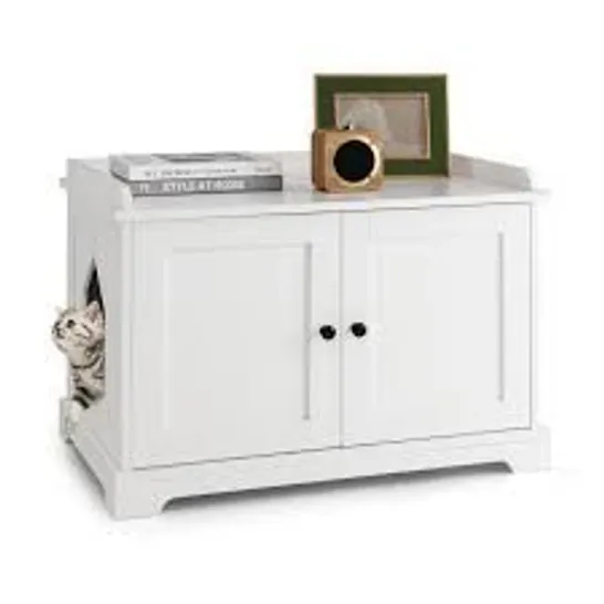 BOXED COSTWAY CAT LITTER BOX ENCLOSURE WITH SCRATCHING PAD AND ADJUSTABLE DIVIDER - WHITE