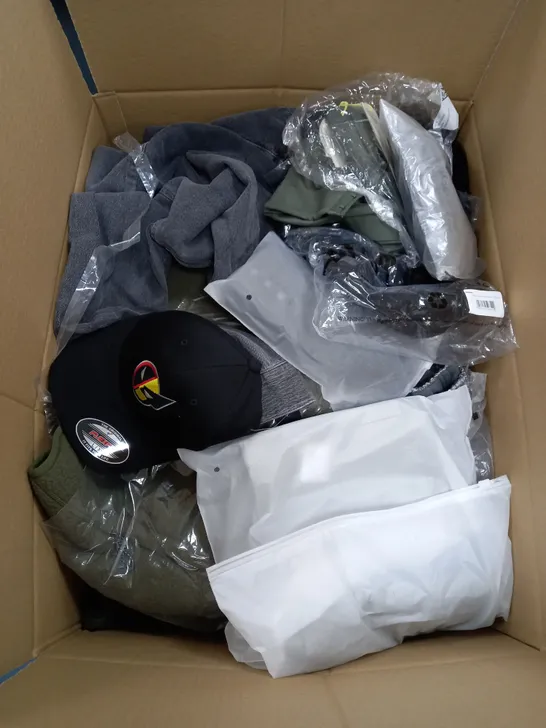 LARGE BOX OF ASSORTED CLOTHING ITEMS IN VARIOUS COLOURS AND SIZES INCLUDING TROUSERS , TOPS AND JUMPERS 