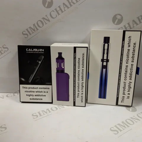 BOX OF APPROXMATELY 30 E-CIGARETTES AND LIQUIDS TO INCLUDE UWELL CALIBURN A2 POD SYSTEM, INNOKIN ENDURA T18II IN BLUE, INNOKI EZ.WATT IN PURPLE, ETC