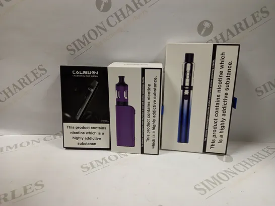 BOX OF APPROXMATELY 30 E-CIGARETTES AND LIQUIDS TO INCLUDE UWELL CALIBURN A2 POD SYSTEM, INNOKIN ENDURA T18II IN BLUE, INNOKI EZ.WATT IN PURPLE, ETC