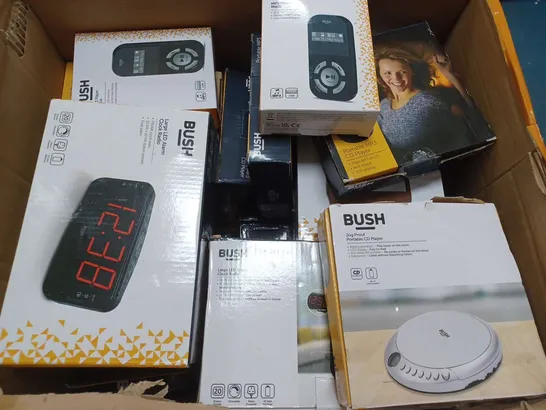 APPROXIMATELY 16 ASSORTED BOXED BUSH PRODUCTS TO INCLUDE DAM/FM RADIO, MP3 PLAYER, LARGE LED ALARM CLOCK RADIO, ETC