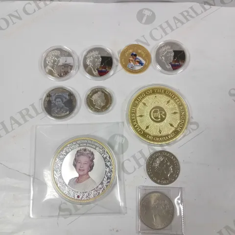 BOX OF 10 BRITISH MONARCHY COMMEMORATIVE COINS FROM VARIOUS YEARS 