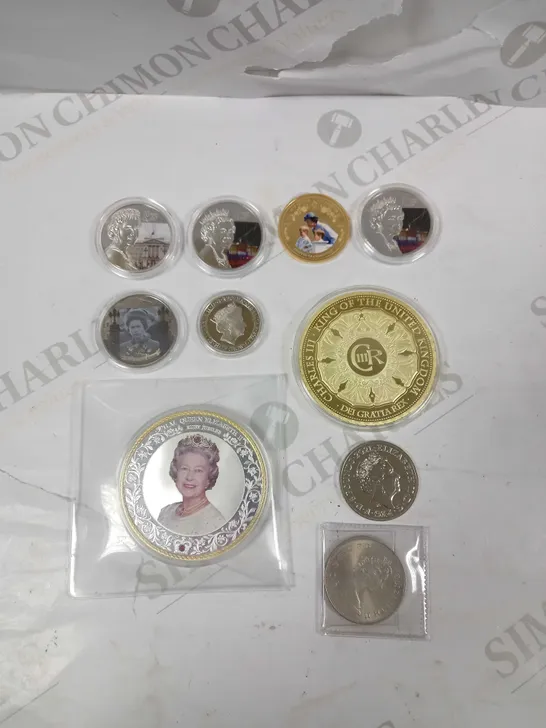 BOX OF 10 BRITISH MONARCHY COMMEMORATIVE COINS FROM VARIOUS YEARS 