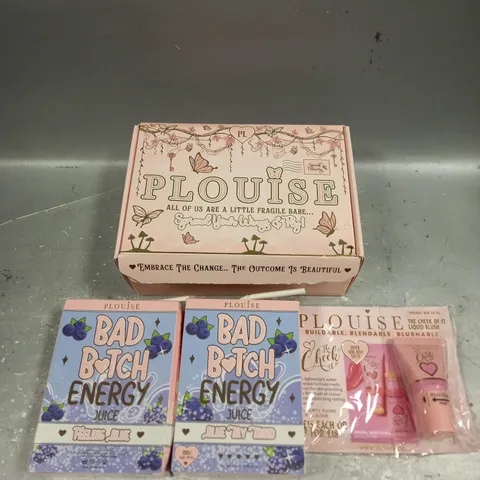 BOX OF APPROXIMATELY 3 ASSORTED SEALED PLOUISE PRODUCTS TO INCLUDE - BAD BITCH ENERGY LIP DUO IN BLUE MY MIND - THE CHEEK OF IT LIQUID BLUSH IN LEGALLY PINK