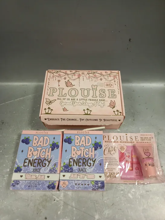 BOX OF APPROXIMATELY 3 ASSORTED SEALED PLOUISE PRODUCTS TO INCLUDE - BAD BITCH ENERGY LIP DUO IN BLUE MY MIND - THE CHEEK OF IT LIQUID BLUSH IN LEGALLY PINK