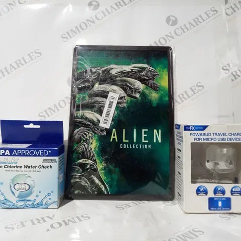 BOX OF APPROXIMATELY 20 ASSORTED HOUSEHOLD ITEMS TO INCLUDE ALIEN COLLECTION METAL POSTER, TRAVEL CHARGER, CHLORINE WATER CHECK, ETC