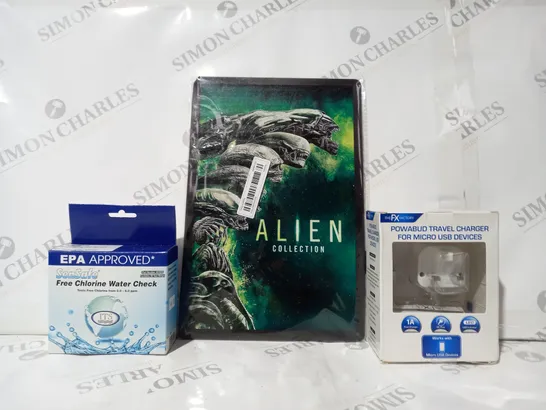 BOX OF APPROXIMATELY 20 ASSORTED HOUSEHOLD ITEMS TO INCLUDE ALIEN COLLECTION METAL POSTER, TRAVEL CHARGER, CHLORINE WATER CHECK, ETC