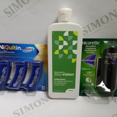 LOT OF APPROXIMATELY 16 HEALTH RELATED PRODUCTS TO INCLUDE NICORETTE QUICKMIST 1MG MOUTH SPRAY, NIQUITIN MINIS MINT 1.5G LOZENGES, SPECSAVERS EASYVISION UNIPURPOSE CLEANER, ETC