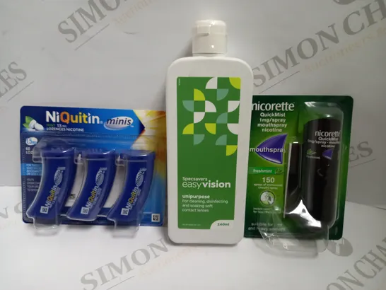 LOT OF APPROXIMATELY 16 HEALTH RELATED PRODUCTS TO INCLUDE NICORETTE QUICKMIST 1MG MOUTH SPRAY, NIQUITIN MINIS MINT 1.5G LOZENGES, SPECSAVERS EASYVISION UNIPURPOSE CLEANER, ETC