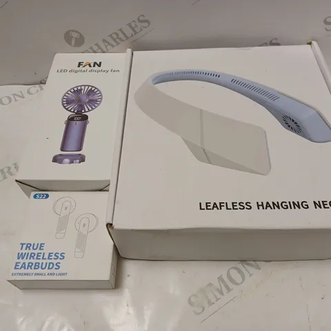 BOX OF APPROXIMATELY 15 ASSORTED HOUSEHOLD ITEMS TO INCLUDE NECK FAN, LED FAN, WIRELESS EARBUDS, ETC