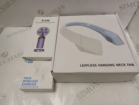 BOX OF APPROXIMATELY 15 ASSORTED HOUSEHOLD ITEMS TO INCLUDE NECK FAN, LED FAN, WIRELESS EARBUDS, ETC