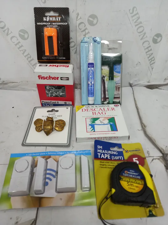 BOX OF APPROXIMATELY 15 ASSORTED ITEMS TO INCLUDE - WINDPROOF MATCHES, DOORBELL SET, NAILS ETC