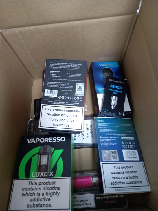 BOX OF APPROXIMATELY 10 ASSORTED E-CIG PRODUCTS TO INCLUDE ASPIRE, OXVA, VAPORESSO ETC