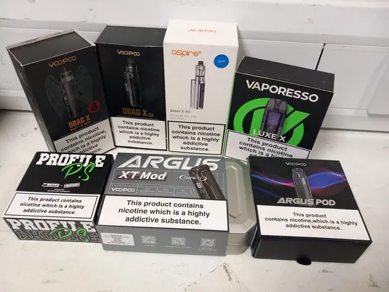 APPROXIMATELY 28 ASSORTED E-CIGARETTES AND E-CIGARETTE PARAPHERNALIA TO INCLUDE; VAPORESSO, VOOPOO AND ASPIRE