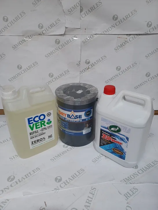 TUB OF 3 ITEMS TO INCLUE DRY BASE LIQUID-APPLIED DPM, ECOVER SENSITIVE DETERGENT, ZIPWAX CARWASH AND WAX 