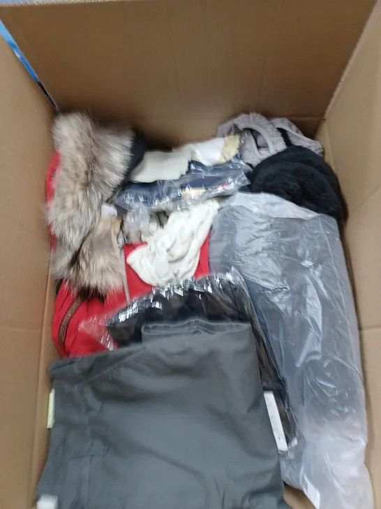 BOX OF ASSORTED CLOTHING ITEMS TO INCLUDE PYJAMAS, JOGGERS, TOPS ETC 