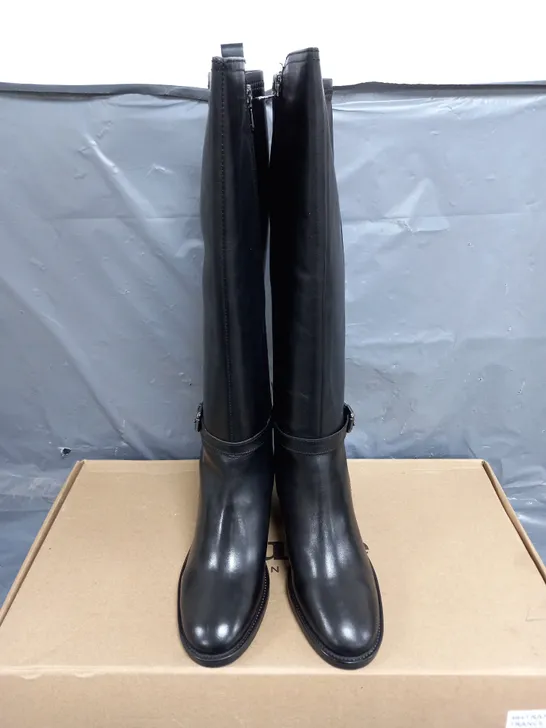 BOXED PAIR OF DUNE BLACK LEATHER BUCKLE HEELED HIGH LEG BOOTS SIZE 7