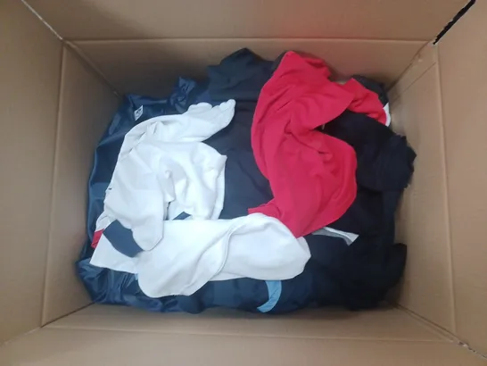 LARGE BOX OF ASSORTED SPORTS CLOTHING ITEMS IN VARIOUS SIZES, COLOURS AND STYLES