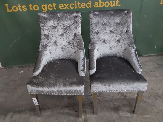 PAIR OF UPHOLSTERED BUTTONED RING BACK DINING CHAIRS CRUSHED SILVER VELVET 