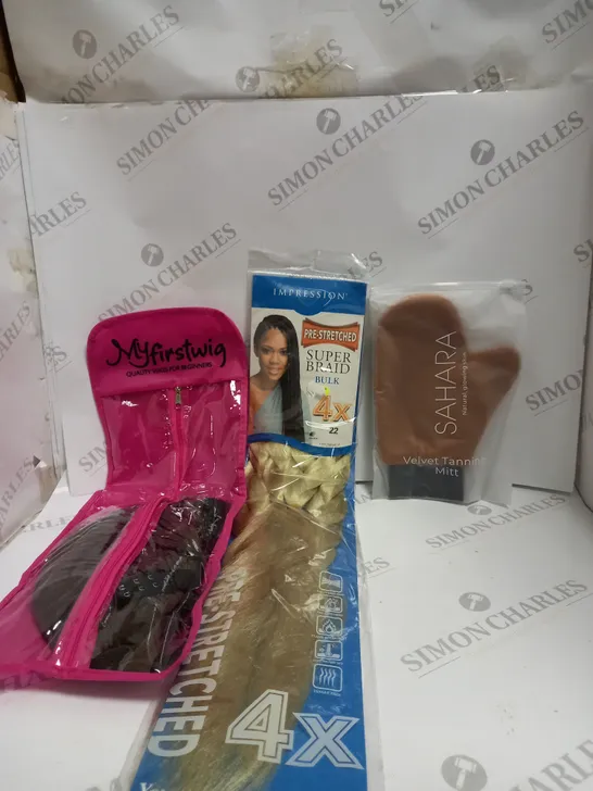 BOX OF APPROX 10 ASSORTED HEALTH AND BEAUTY ITEMS TO INCLUDE - IMPRESSION PRE STRETCHED SUPER BRAID BULK 4X - SAHARA VELVET TANNING MITT - MY FIRSTWIG FOR BEGINNERS ECT