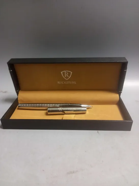 BOXED SET OF 2 RUCKSTUHL LUXURY BALLPOINT PENS IN SILVER