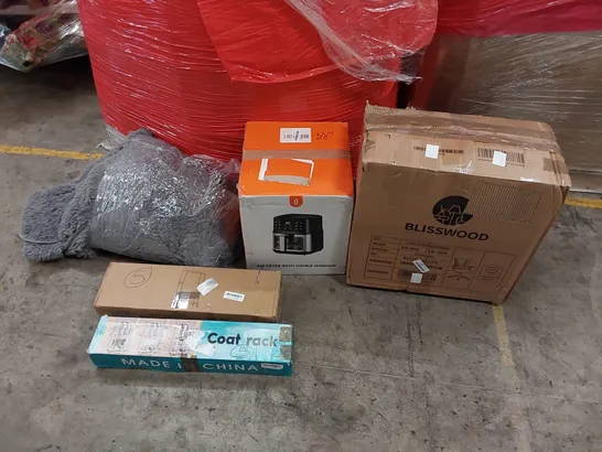 PALLET OF ASSORTED ITEMS INCLUDING: OFFICE CHAIR, AIRFRYER, CLOTHES RACKS, SHAGGY RUG