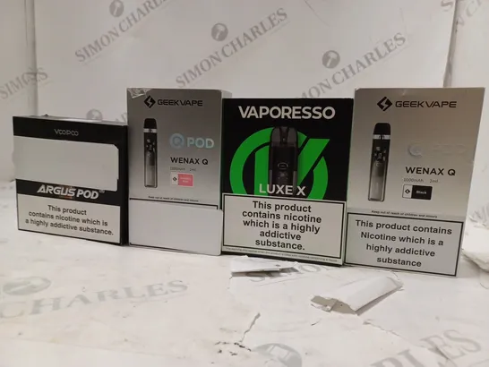 APPROXIMATELY 20 BOXED E-CIGARETTES TO INCLUDE VOOPOO ARGUS PRO , GEEKVAPE WENAX Q  , VAPORESSO LUXE X , ETC 