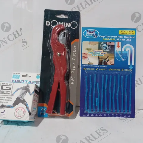 APPROXIMATELY 10 ASSORTED HOUSEHOLD ITEMS TO INCLUDE SANISTICKS, PVC PIPE CUTTER, NEOTAPE, ETC