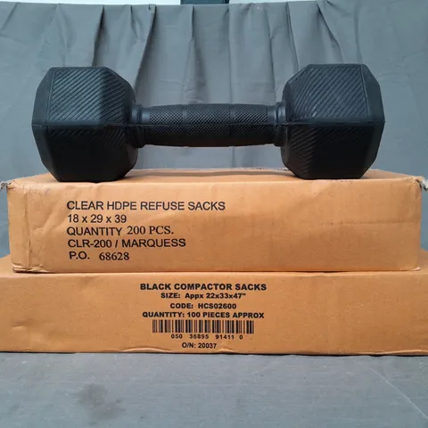 BOX OF 5 ASSORTED HOUSEHOLD ITEMS TO INCLUDE CORENGTH 5KG DUMBBELL, CLEAR HDPE REFUSE SACKS, BLACK COMPACTOR SACKS, ETC