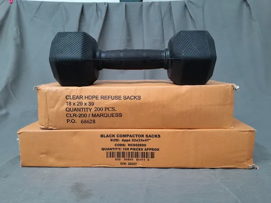 BOX OF 5 ASSORTED HOUSEHOLD ITEMS TO INCLUDE CORENGTH 5KG DUMBBELL, CLEAR HDPE REFUSE SACKS, BLACK COMPACTOR SACKS, ETC