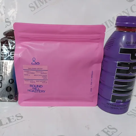 APPROXIMATELY 5 ASSORTED FOOD & DRINK ITEMS TO INCLUDE PRIME GRAPE FLAVOUR DRINK (500ML), ROUND HILL ROASTERY DECAF COFFEE, SIS GO ENERGY + CAFFEINE 60ML, ETC