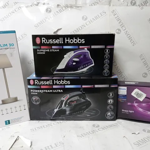 BOX OF APPROX 8 ASSORTED ITEMS TO INCLUDE -  RUSSELL HOBBS SUPREME STEAM IRON - RUSSELL HOBBS POWERSTEAM ULTRA IRON - LOLA SLIM 30 ECT