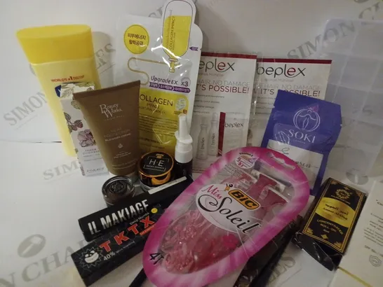 LOT OF APPROX. 20 ASSORTED HEALTH & BEAUTY PRODUCTS TO INCLUDE COLLAGEN IMPACT ESSENTIAL MASK, CELL HAPPY CO SUN CREAM, BEAUTY WORKS HEAT PROTECTION BLOWDRY CRÈME ETC. 