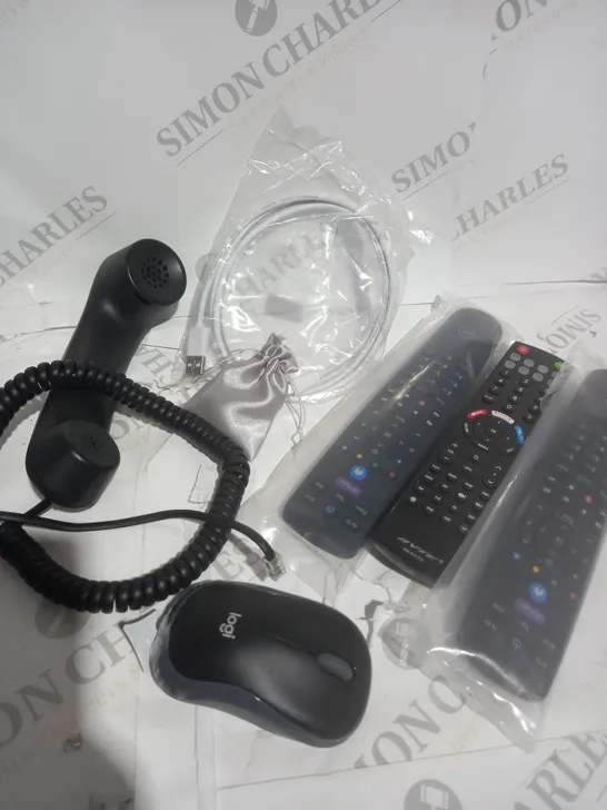 BOX OF APPROXIMATELY 20 ASSORTED ITEMS TO INCLUDE - LOGI MOUSE, TV REMOTES, TELEPHONE HEAD ECT