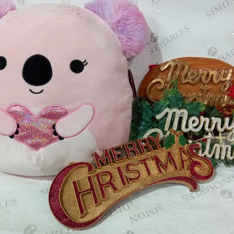 BOX OF APPROXIMATELY ASSORTED HOUSEHOLD ITEMS TO INCLUDE SQUISHMALLOWS KAELEA, MERRY CHRISTMAS SIGN, ETC