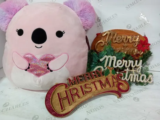 BOX OF APPROXIMATELY ASSORTED HOUSEHOLD ITEMS TO INCLUDE SQUISHMALLOWS KAELEA, MERRY CHRISTMAS SIGN, ETC