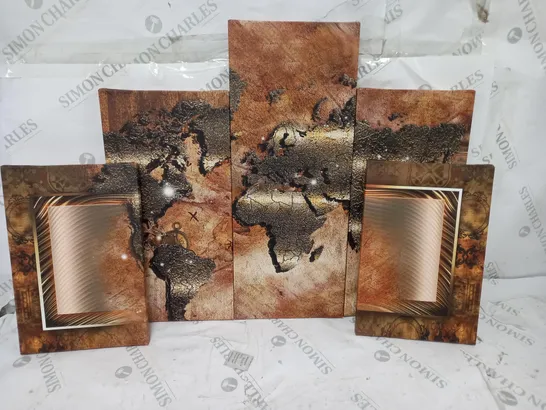 BOXED EAST URBAN HOME WALL CANVAS PICTURE WORLD MAP GRAPHIC, 5 PIECES BRONZE-BROWN 