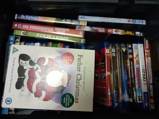 BOX OF APPROX 30 DVDS AND VIDEO GAMES TO INCLUDE GRAVITY, SING, WATCHMEN