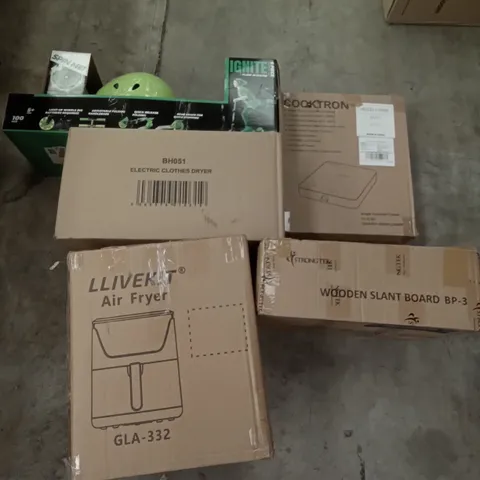 PALLET OF ASSORTED ITEMS INCLUDING WOODEN SLANT BOARD, LLIVEKIT AIR FRYER, ELECTRIC CLOTHES DRYER, COOKTRON SINGLE INDUCTION COOKER, IGNITE FLOW SCOOTER, SAFETY DART SET