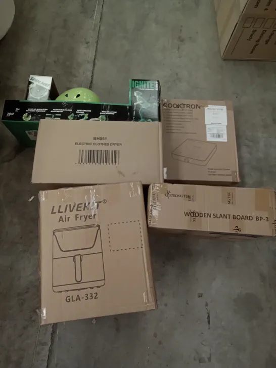 PALLET OF ASSORTED ITEMS INCLUDING WOODEN SLANT BOARD, LLIVEKIT AIR FRYER, ELECTRIC CLOTHES DRYER, COOKTRON SINGLE INDUCTION COOKER, IGNITE FLOW SCOOTER, SAFETY DART SET