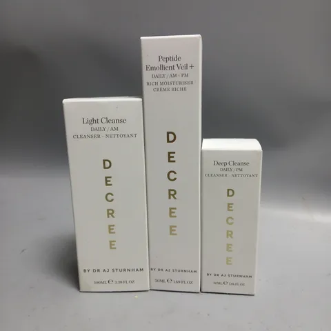 3 BOXED DECREE BY DR AJ STURNHAM BEAUTY PRODUCTS TO INCLUDE LIGHT CLEANSE 100ML, DEEP CLEANSE 30ML, MOISTURISER 50ML  