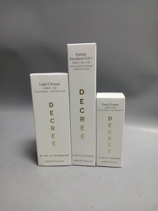 3 BOXED DECREE BY DR AJ STURNHAM BEAUTY PRODUCTS TO INCLUDE LIGHT CLEANSE 100ML, DEEP CLEANSE 30ML, MOISTURISER 50ML  