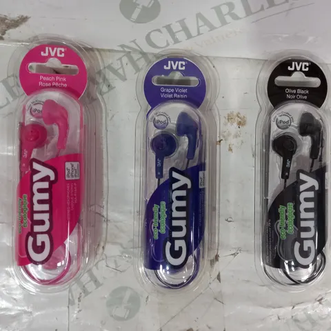 BOX OF APPROXIMATELY 20 ASSORTED JVC GUMY STEREO HEADPHONES IN VARIOUS COLOURS