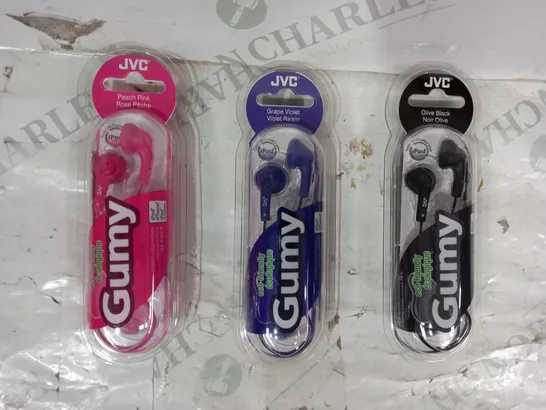 BOX OF APPROXIMATELY 20 ASSORTED JVC GUMY STEREO HEADPHONES IN VARIOUS COLOURS