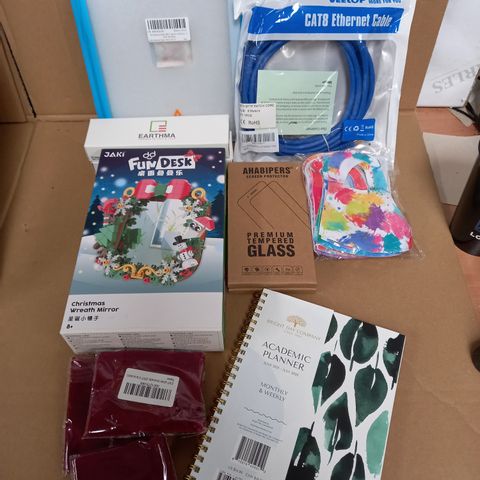 LOT OF 12 ITEMS INCLUDING PHONE SCREEN PROTECTORS, ETHERNET CABLE, PLANNER