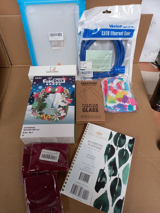 LOT OF 12 ITEMS INCLUDING PHONE SCREEN PROTECTORS, ETHERNET CABLE, PLANNER