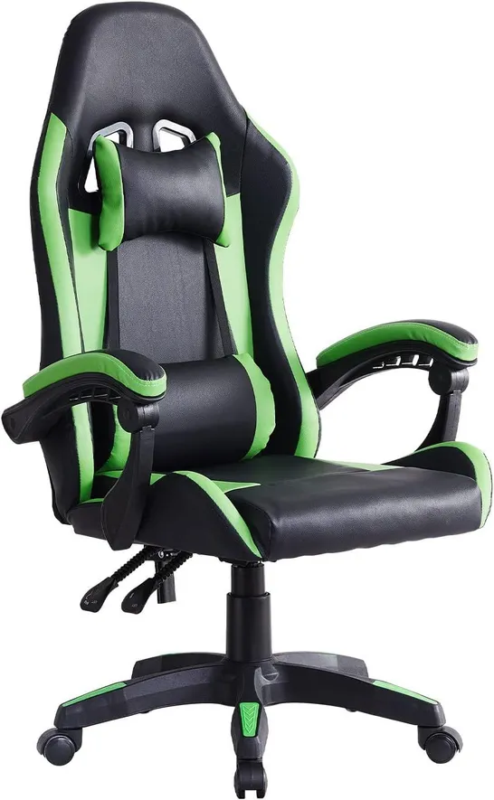 BOXED BLACK AND GREEN GAMING CHAIR COMPUTER CHAIR ERGONOMIC RACING STYLE ADJUSTABLE OFFICE DESK CHAIR WITH LUMBAR SUPPORT AND HEAD PILLOW RECLINING GAMER CHAIR FOR ADULT AND KIDS